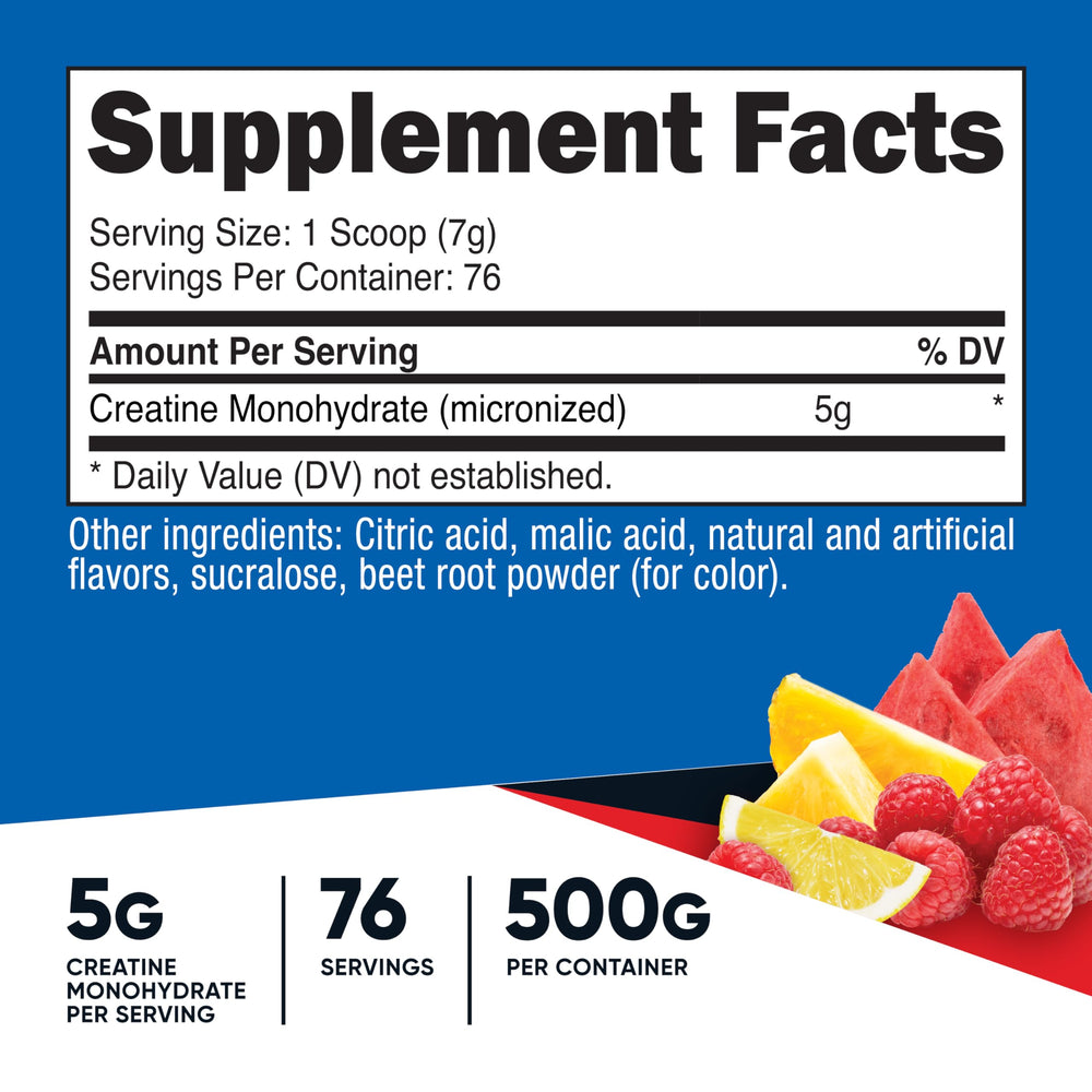 Fruit Punch flavored creatine monohydrate powder with Nutricost label