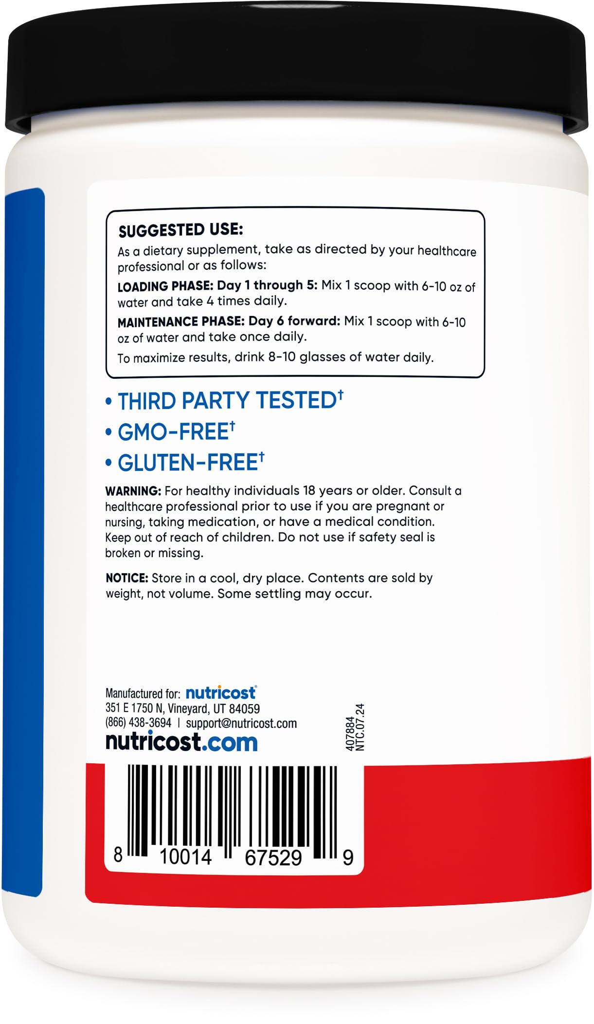 Nutrition facts and ingredients on Nutricost Creatine Monohydrate label