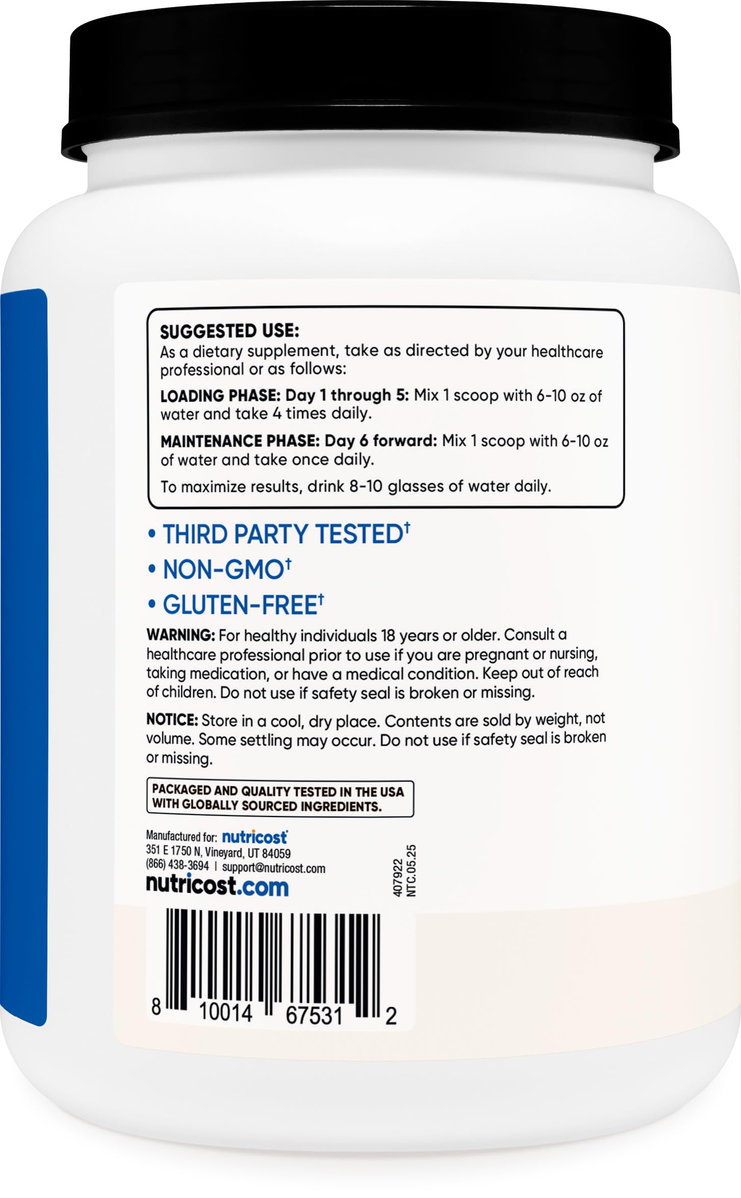 Nutricost creatine monohydrate powder dissolves quickly in water for seamless hydration