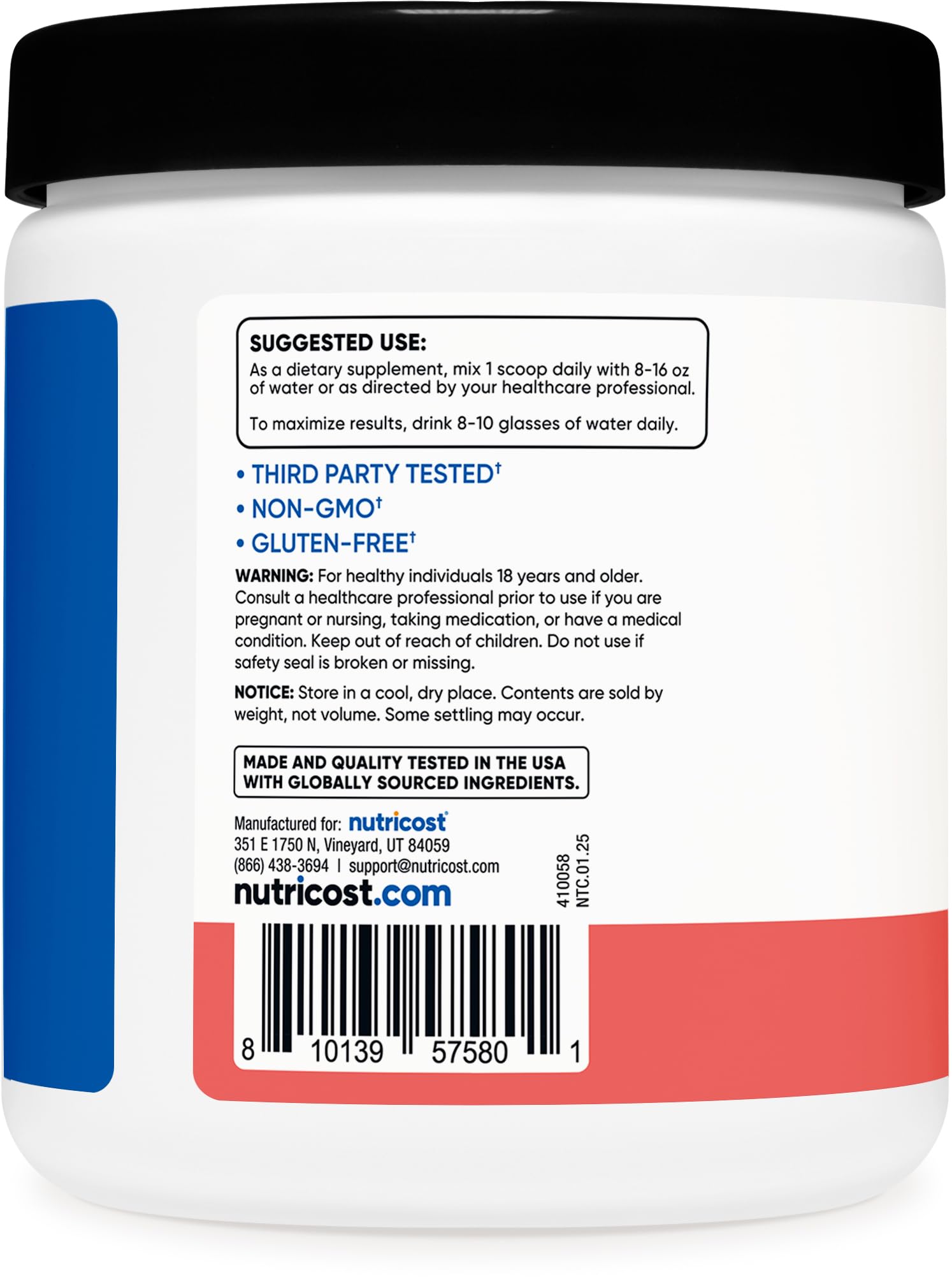 Vegan, Gluten-Free, GMO-Free icons on Nutricost packaging