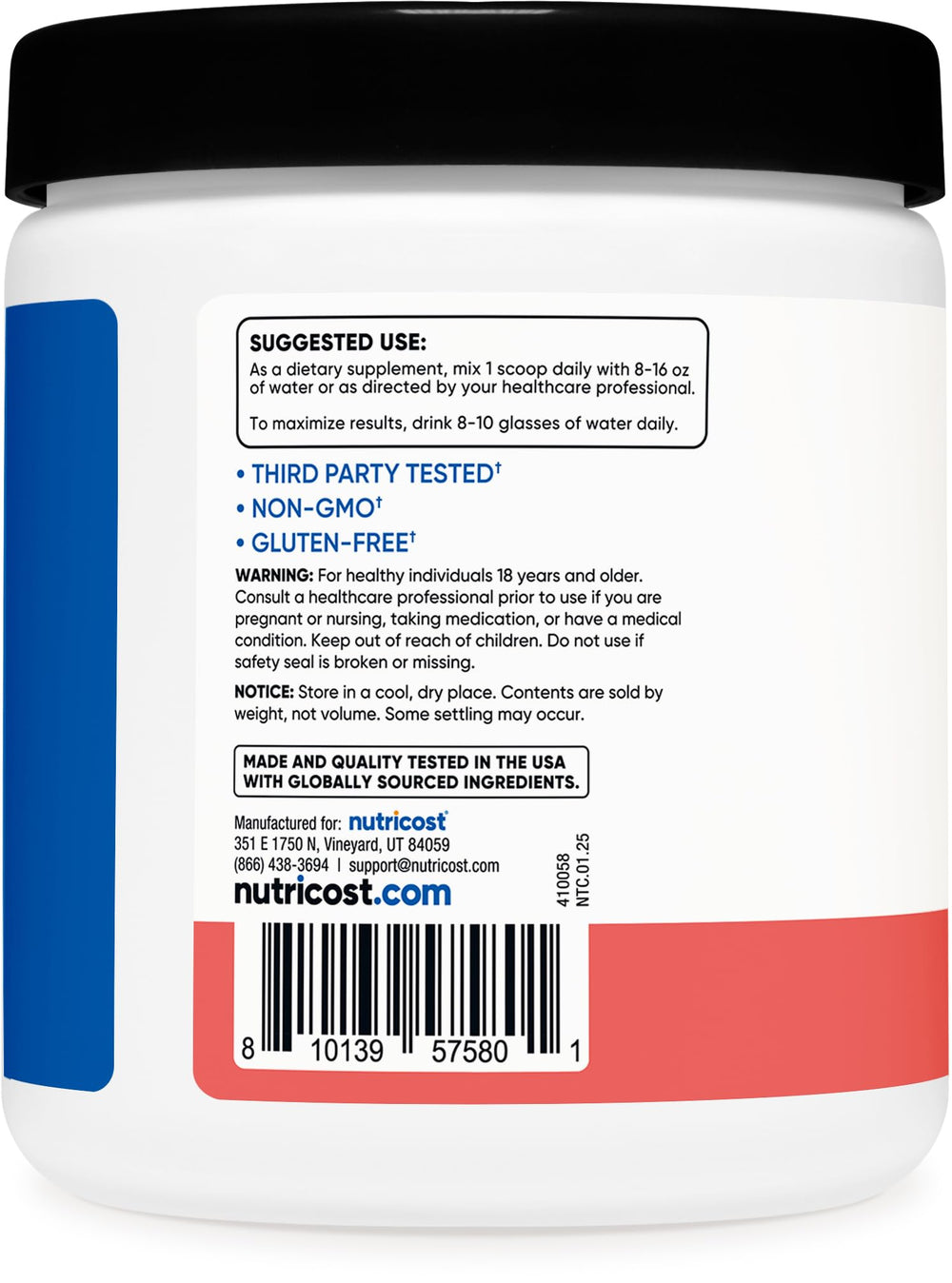 Vegan, Gluten-Free, GMO-Free icons on Nutricost packaging