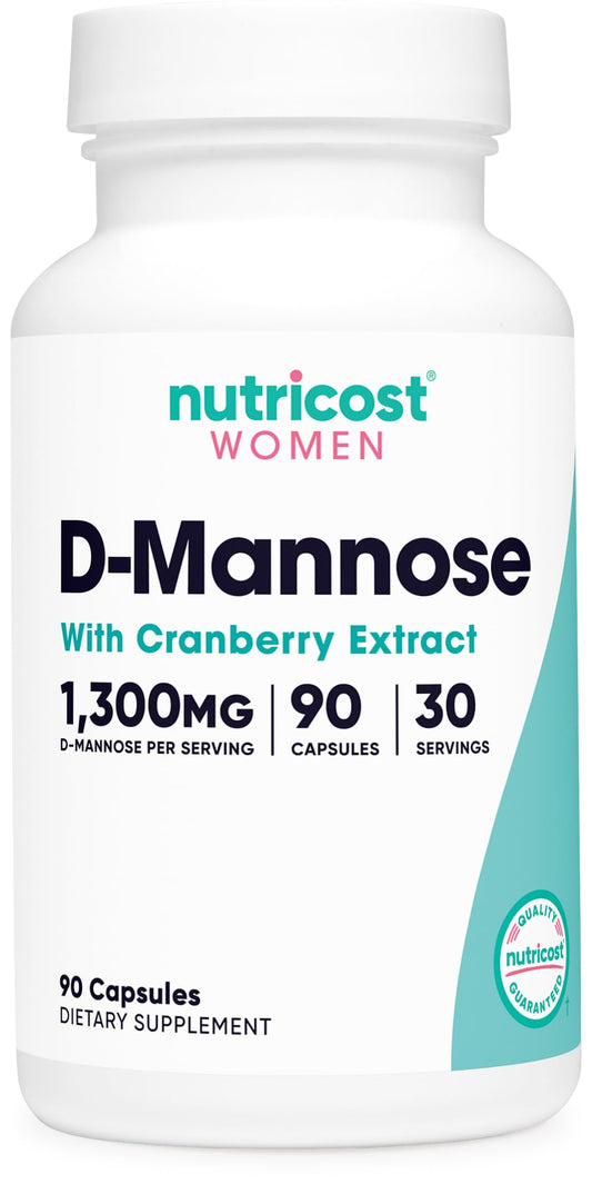 Bottle of Nutricost D-Mannose with Cranberry Extract 1300mg 90 capsules