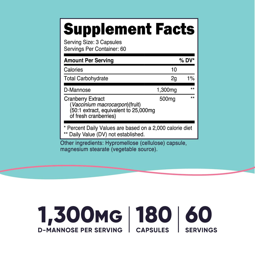 Supplement facts showing 1300 mg D-Mannose and 500 mg cranberry extract per serving