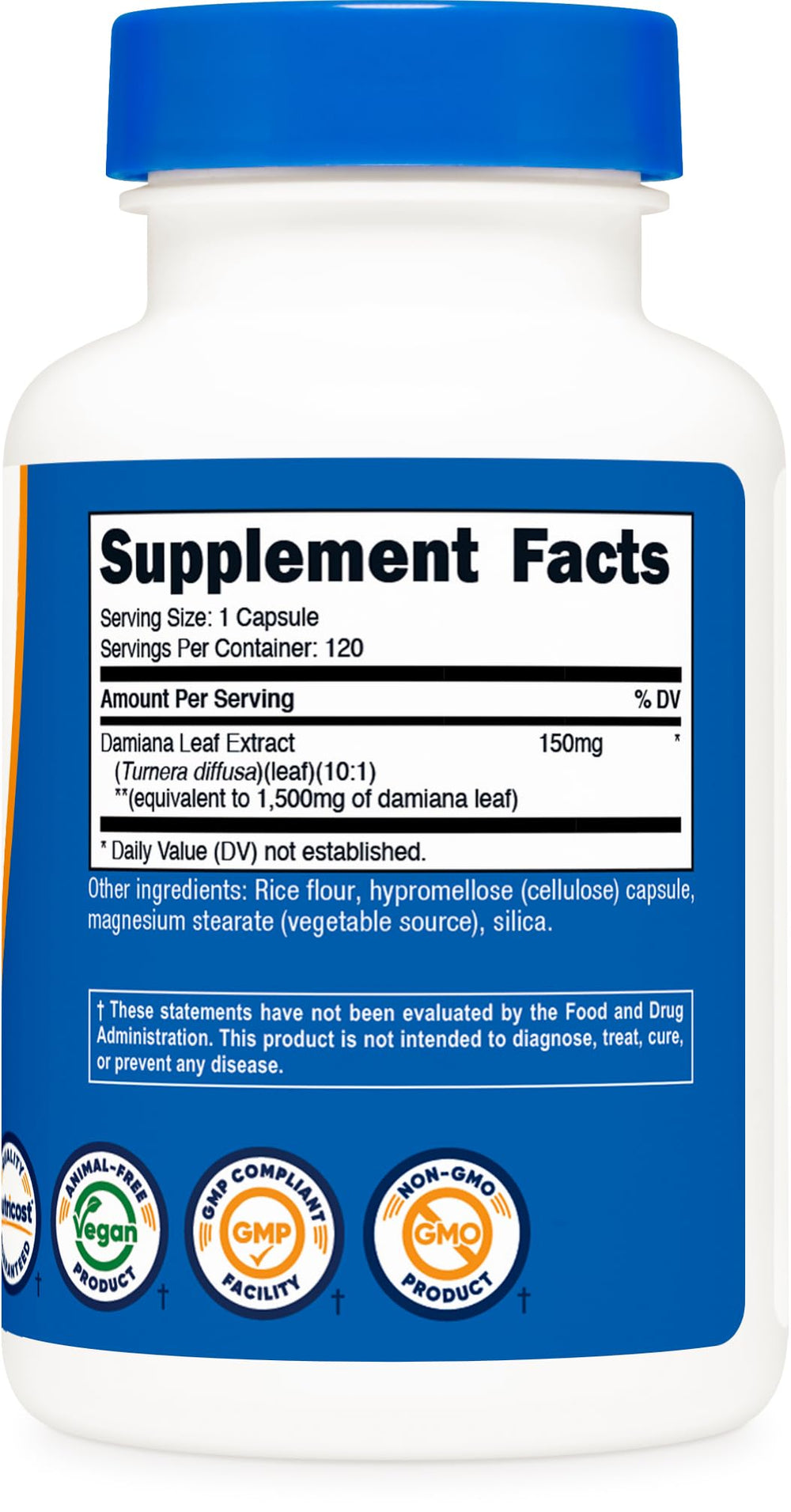 Label highlighting vegan and GMO-free formulation on Nutricost Damiana Leaf Capsules