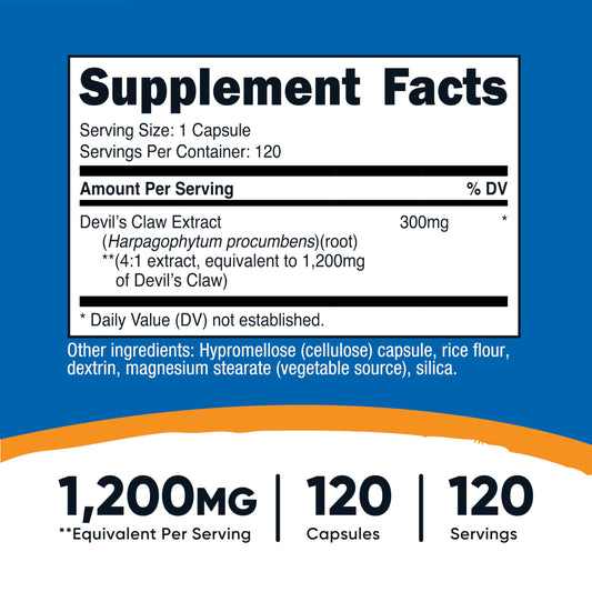 Close-up of Nutricost Devils Claw 1200mg capsules