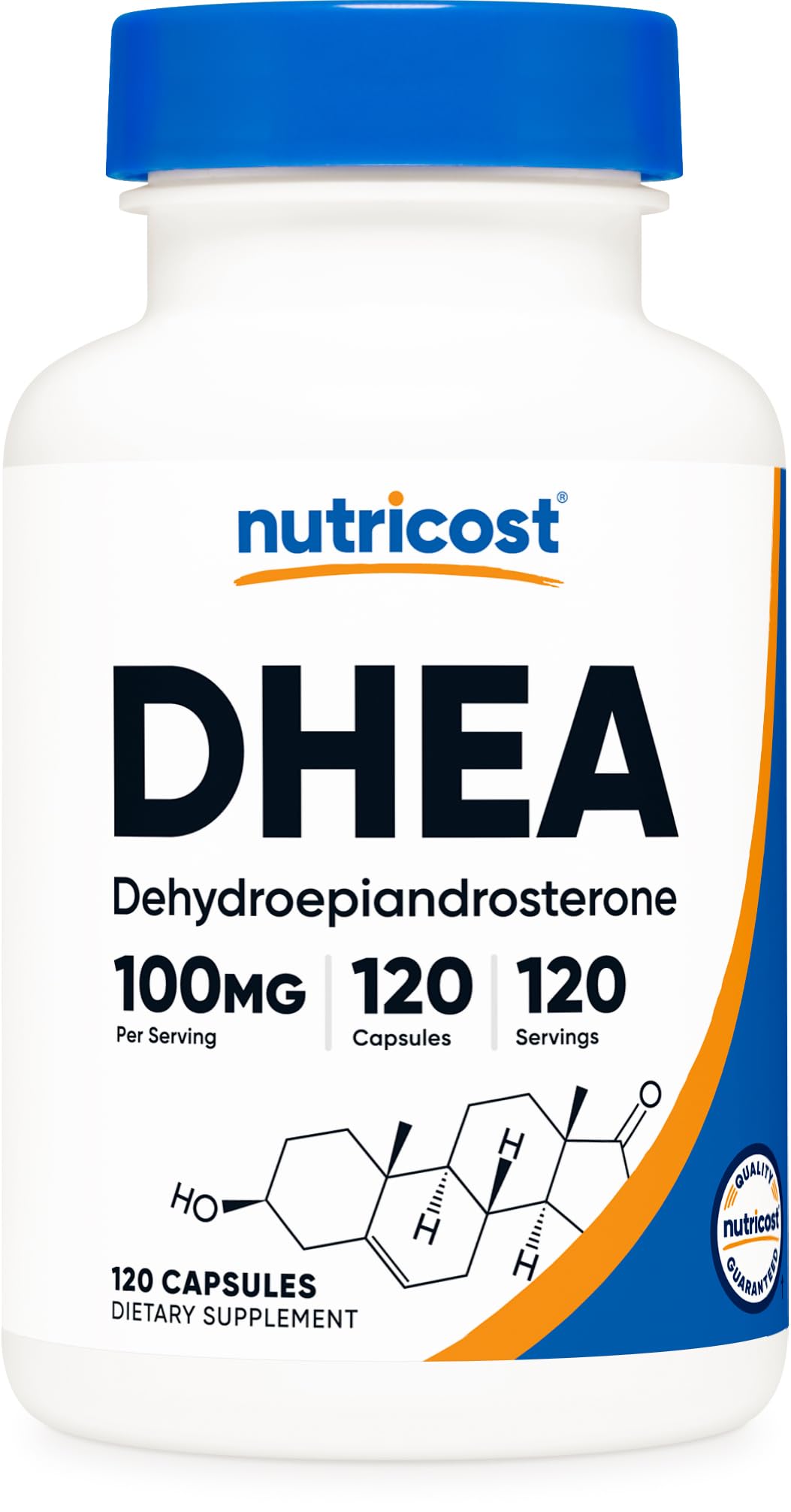 Front view of Nutricost DHEA 100mg bottle with 120 capsules