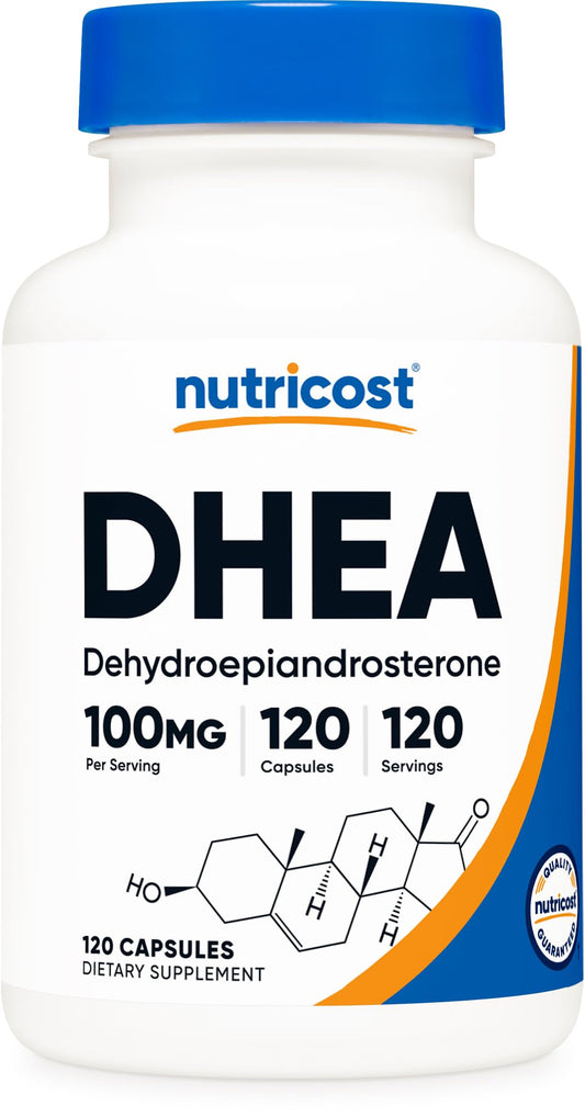 Front view of Nutricost DHEA 100mg bottle with 120 capsules