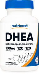 Front view of Nutricost DHEA 100mg bottle with 120 capsules