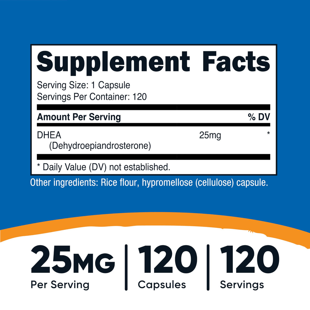 Nutricost DHEA 25mg bottle label and capsules