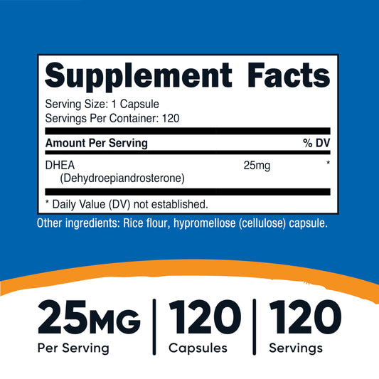 Nutricost DHEA 25mg bottle label and capsules