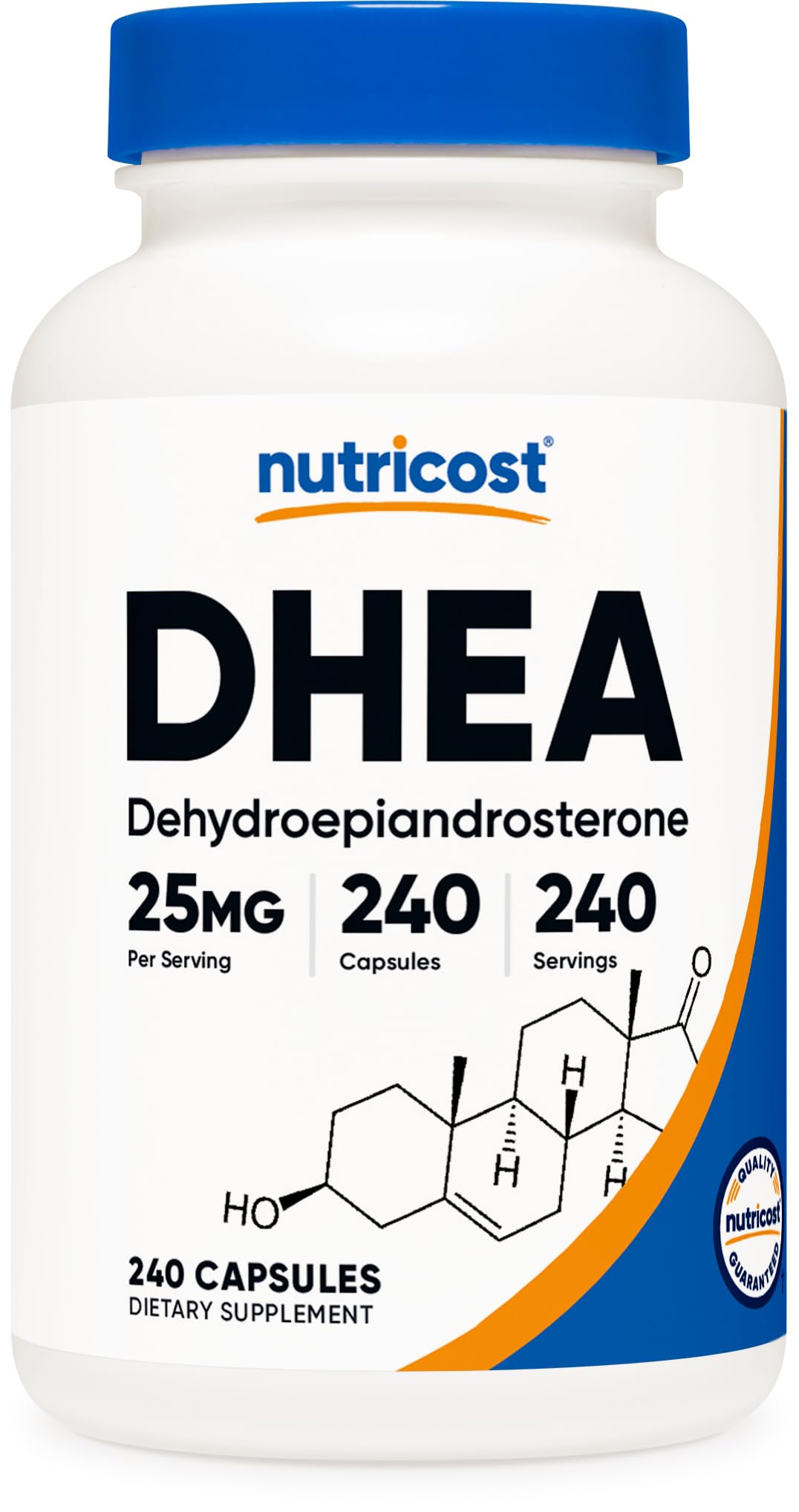 Nutricost DHEA 25mg bottle label showing 240 capsules