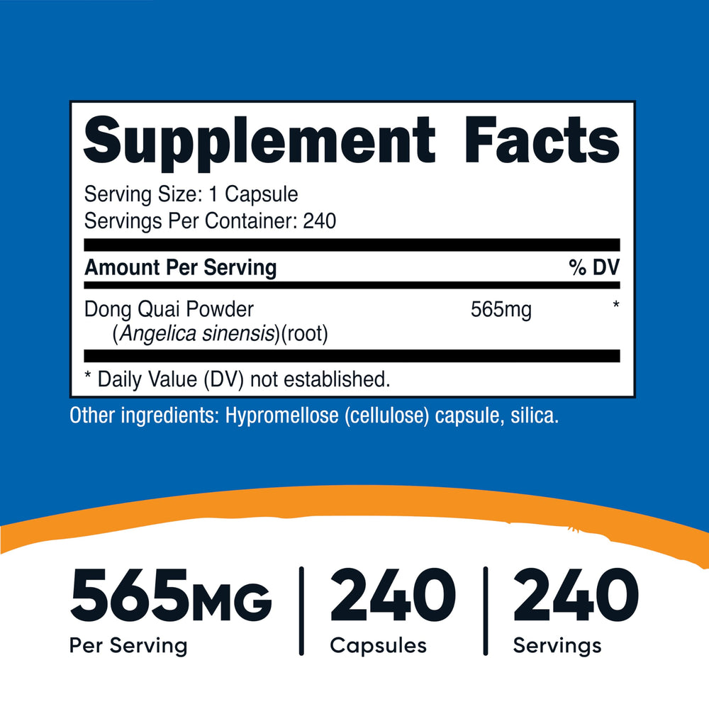 Close-up of Nutricost Dong Quai bottle label showing 565mg per capsule