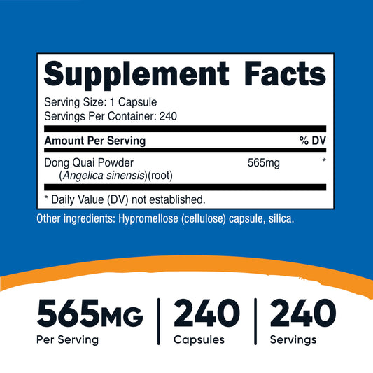 Close-up of Nutricost Dong Quai bottle label showing 565mg per capsule
