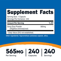 Close-up of Nutricost Dong Quai bottle label showing 565mg per capsule
