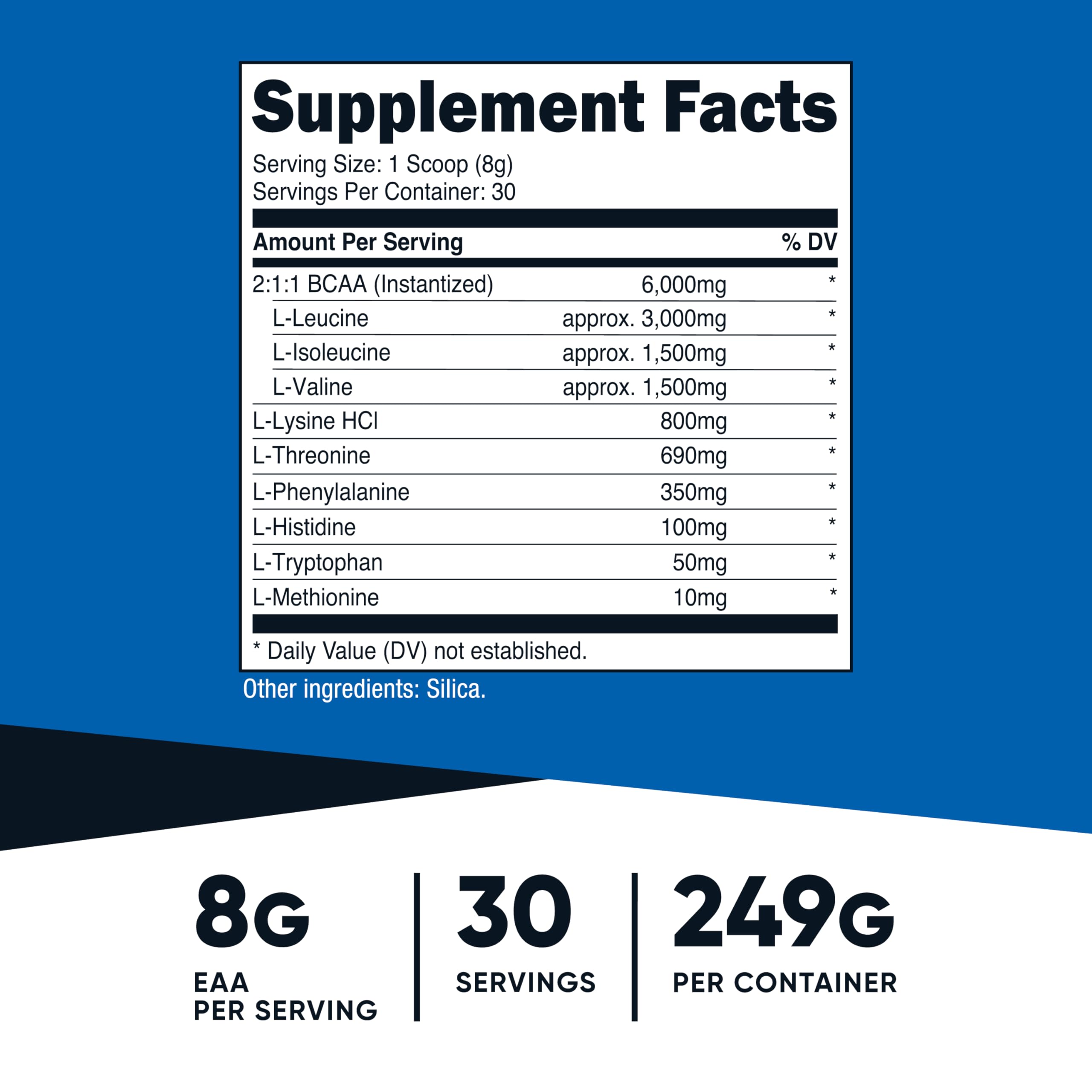 Close-up of Nutricost EAA Powder Unflavored packaging and scoop