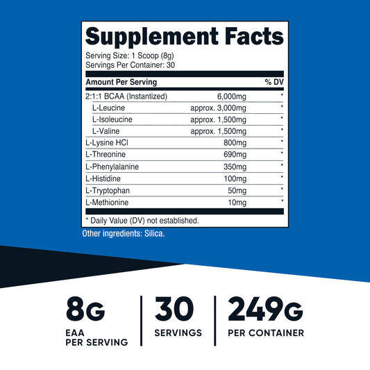 Close-up of Nutricost EAA Powder Unflavored packaging and scoop