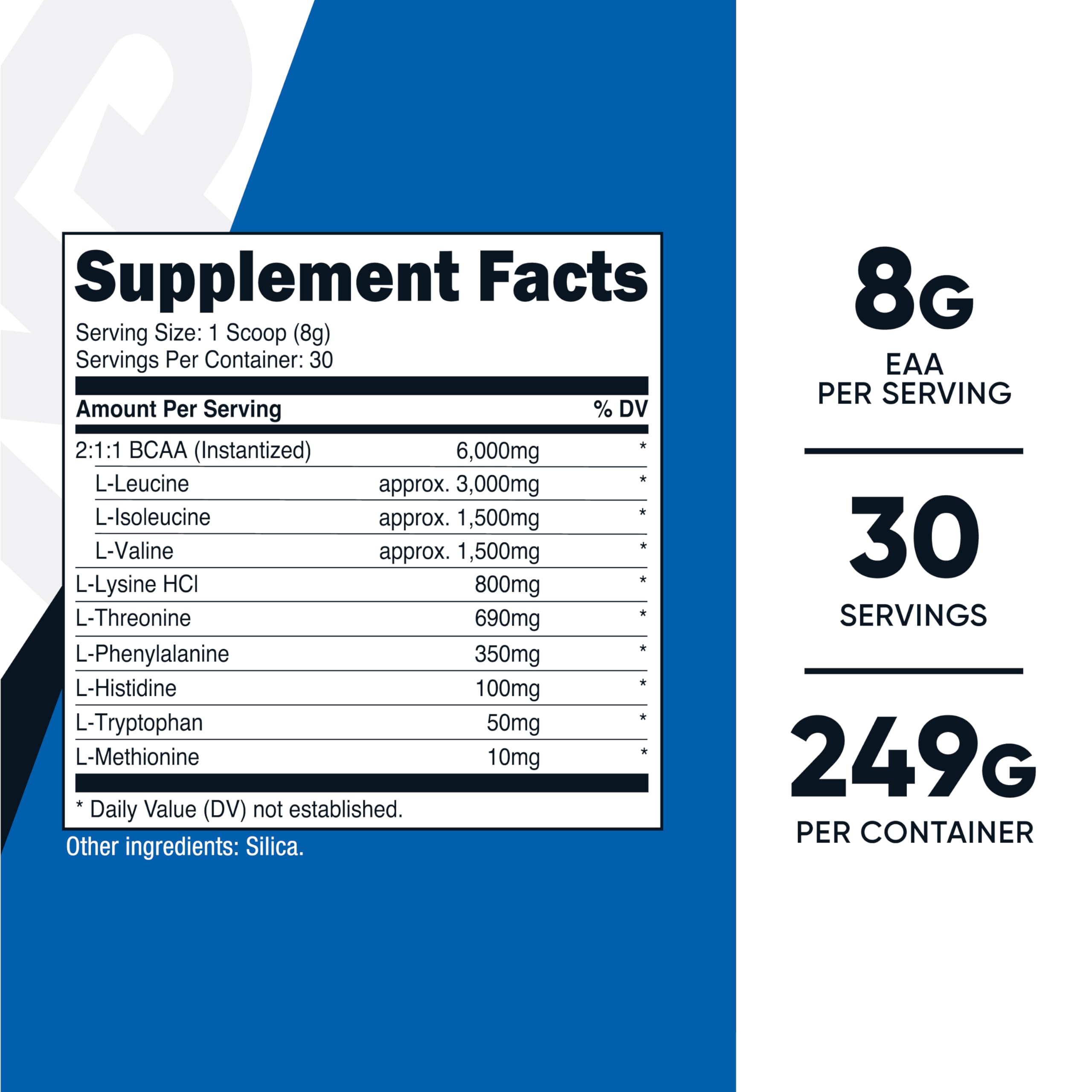 Close-up of Nutricost EAA Powder label showing 8g EAAs per serving