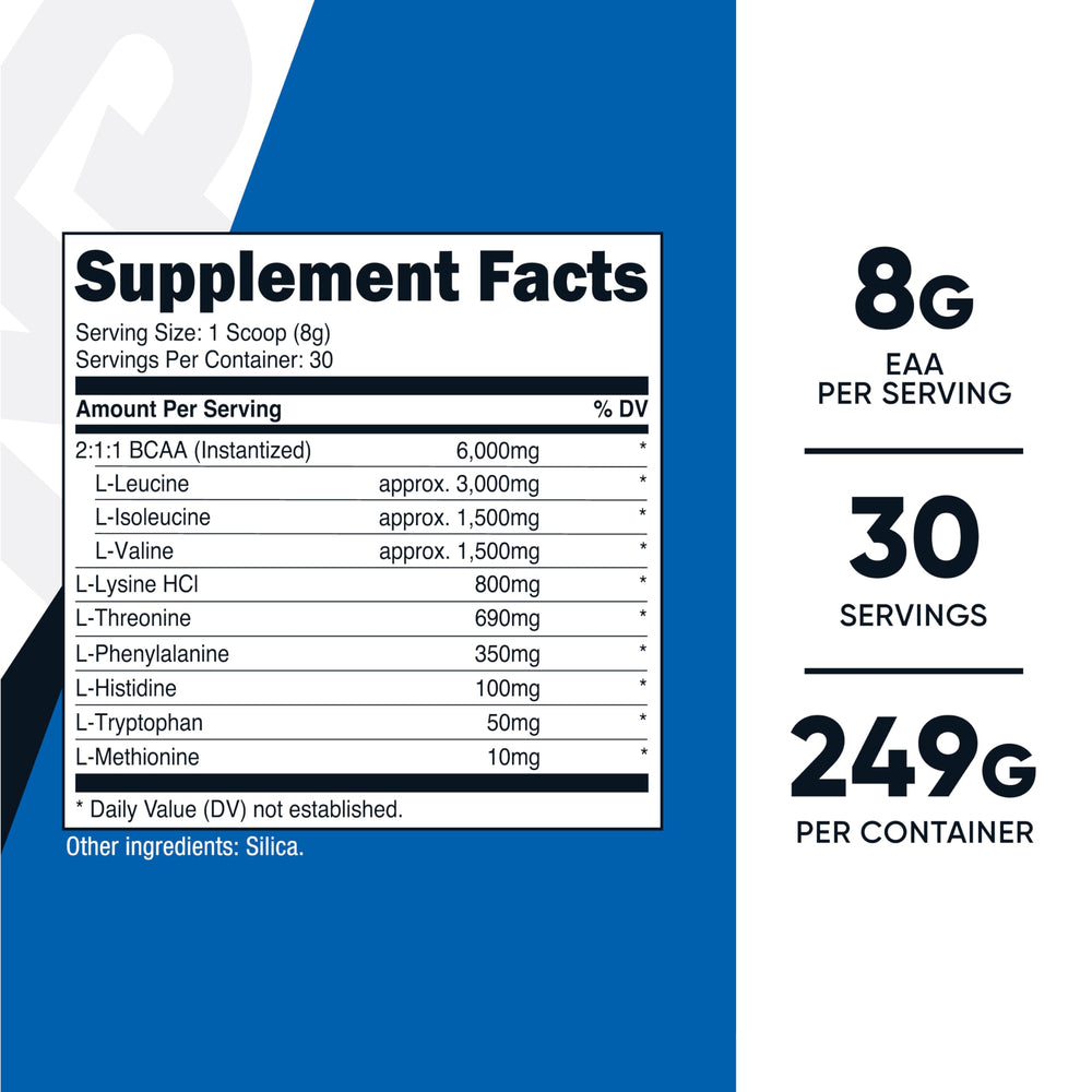 Close-up of Nutricost EAA Powder label showing 8g EAAs per serving