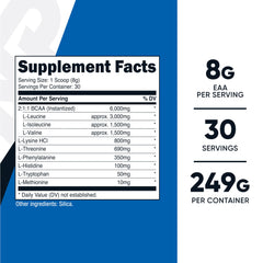 Close-up of Nutricost EAA Powder label showing 8g EAAs per serving