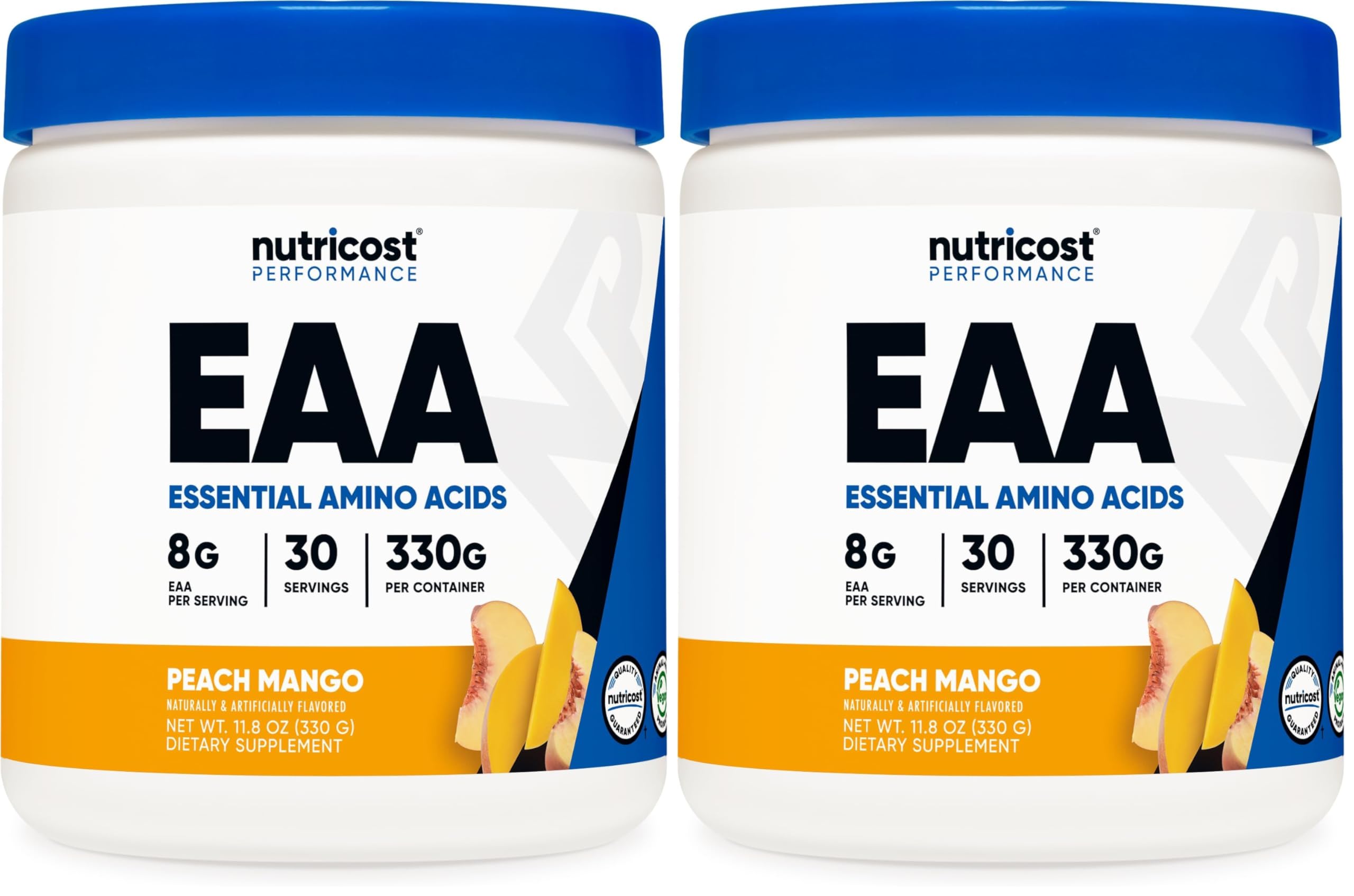 Nutricost EAA Powder Peach Mango bottle pour demonstrates easy mixing and refreshing flavor