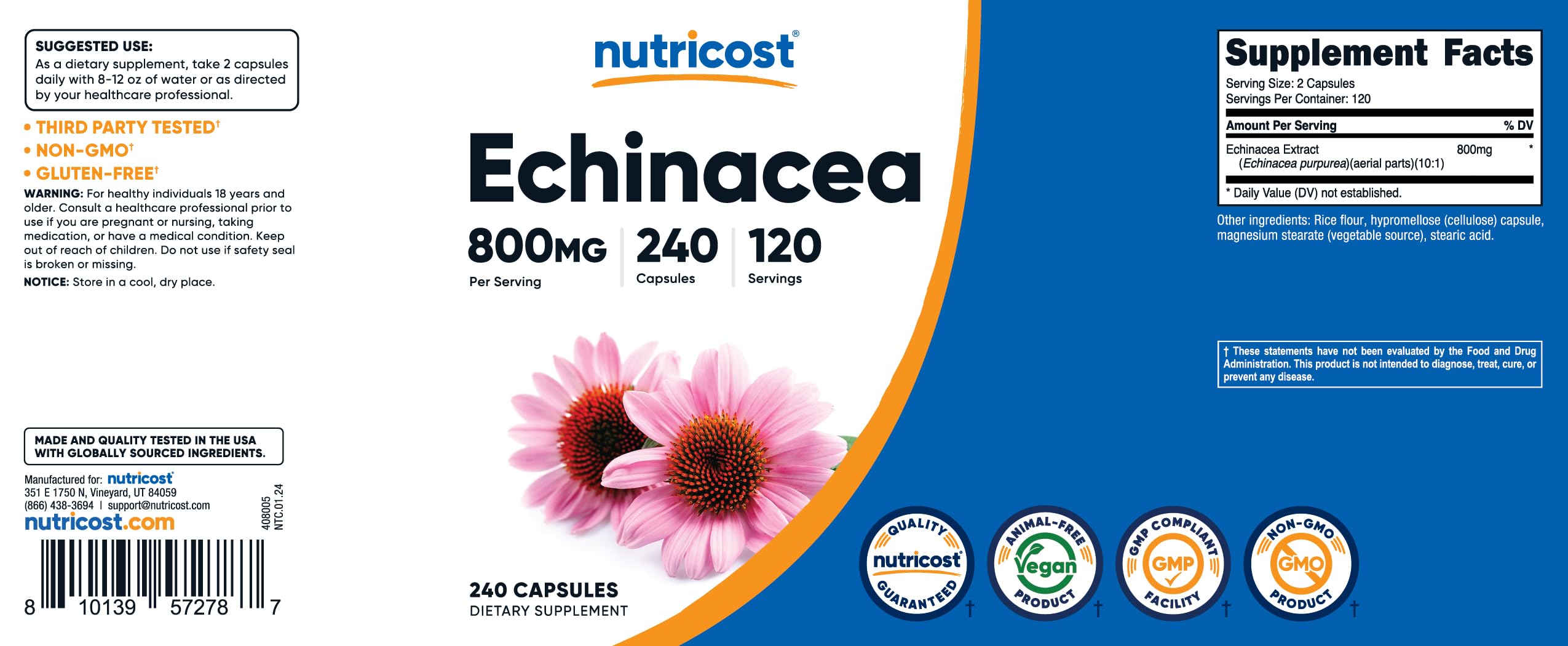 Ingredients label of Nutricost Echinacea 800mg