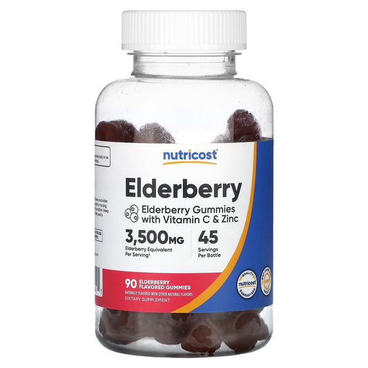 Nutricost Elderberry Gummies bottle label showing 90 gummies with Vitamin C and Zinc