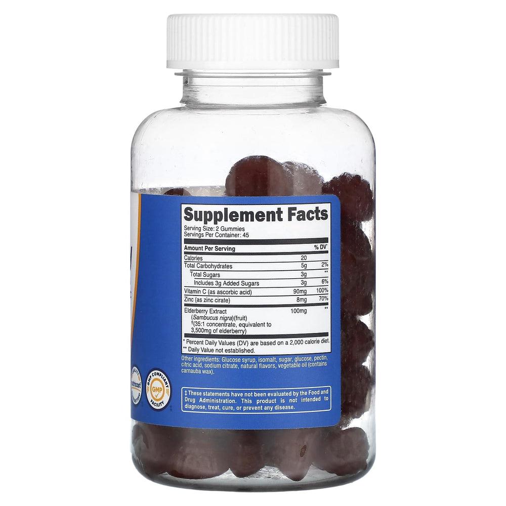 Close-up of Nutricost Elderberry Gummies ingredients and label featuring elderberry extract, Vitamin C and Zinc