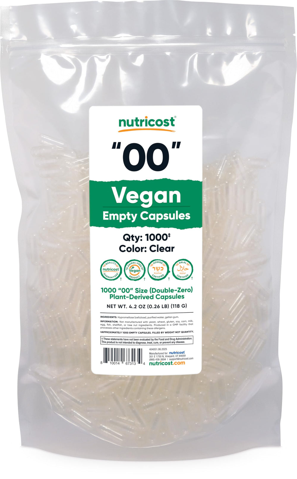 Nutricost Size 00 empty capsules - 1000 clear plant-based capsules