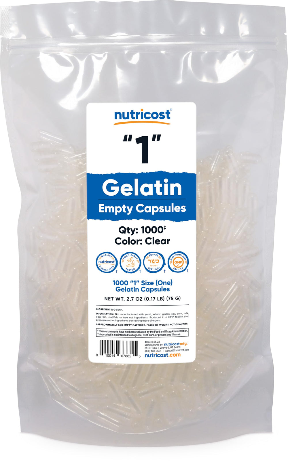 Clear gelatin size 1 empty capsule - Nutricost, 1000-count