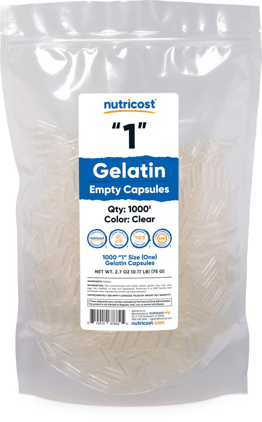 Clear gelatin size 1 empty capsule - Nutricost, 1000-count