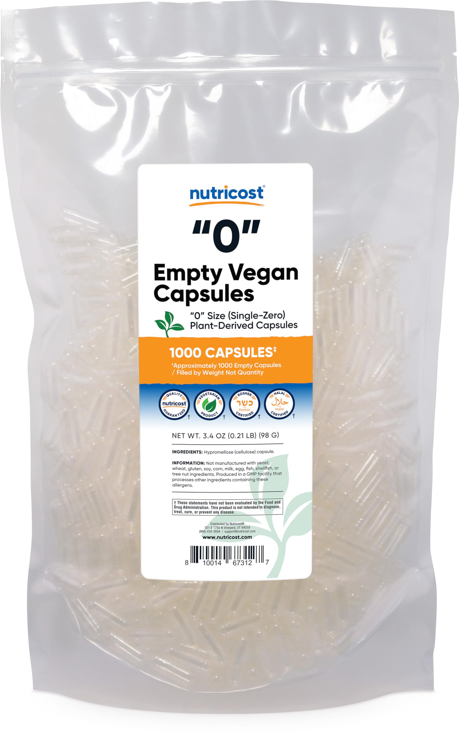 Nutricost Size 0 Empty Capsules – 1,000 Clear Plant-Based Capsules