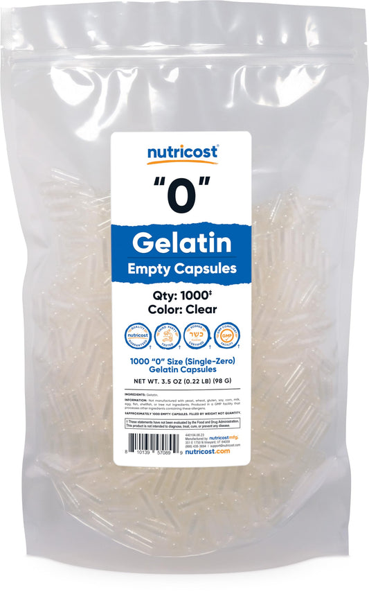 Nutricost Size 0 empty gelatin capsules, 1000-count, clear