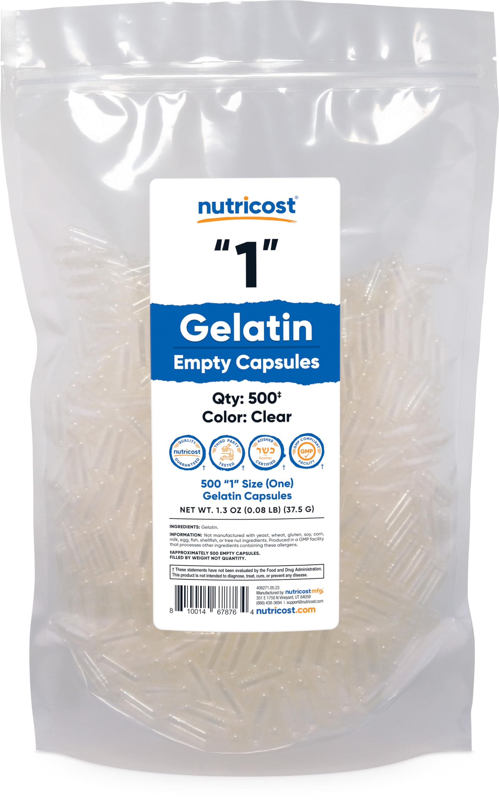 Nutricost Gelatin Size 1 Empty Capsules – Clear, 500-count package