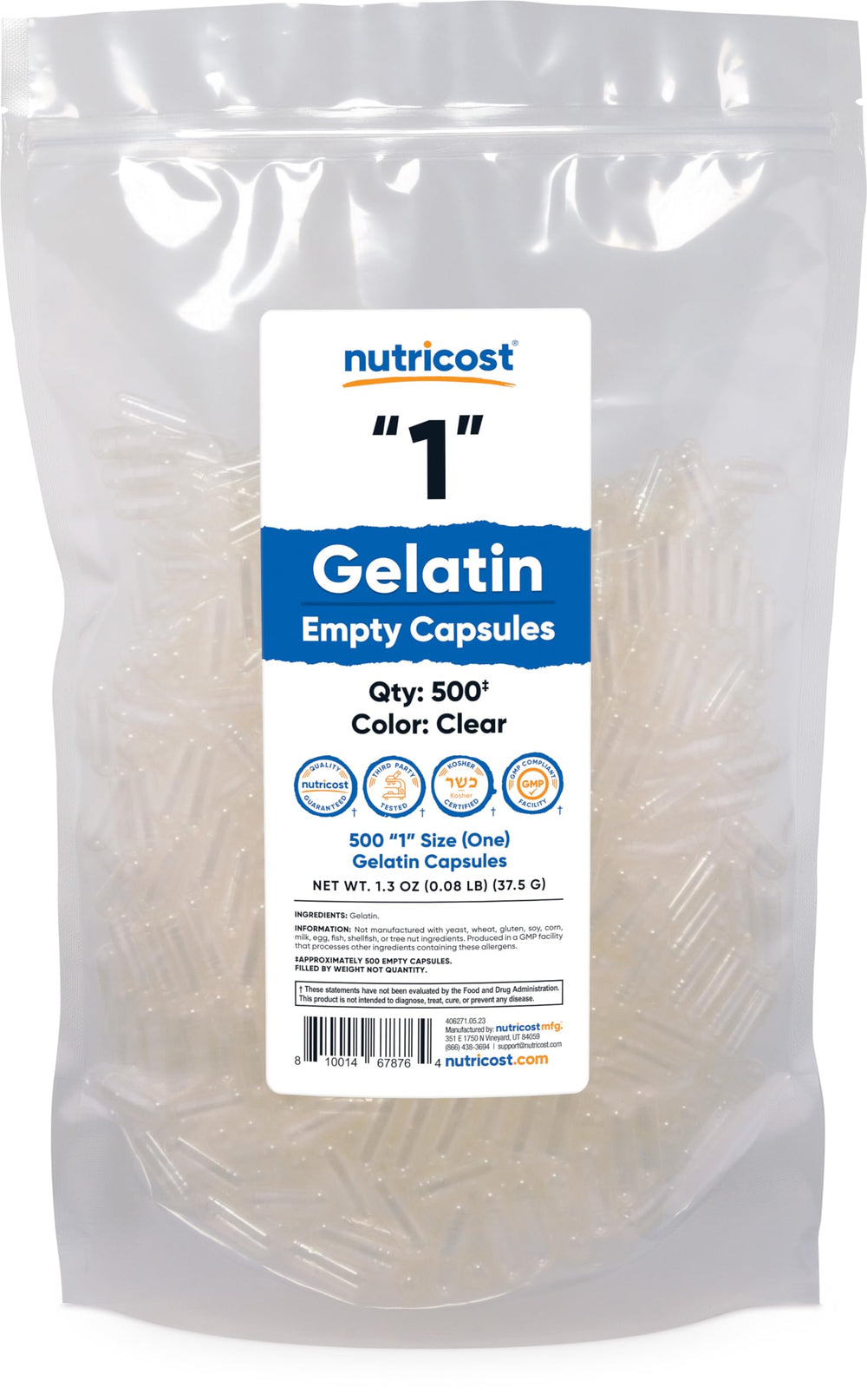 Nutricost Gelatin Size 1 Empty Capsules – Clear, 500-count package