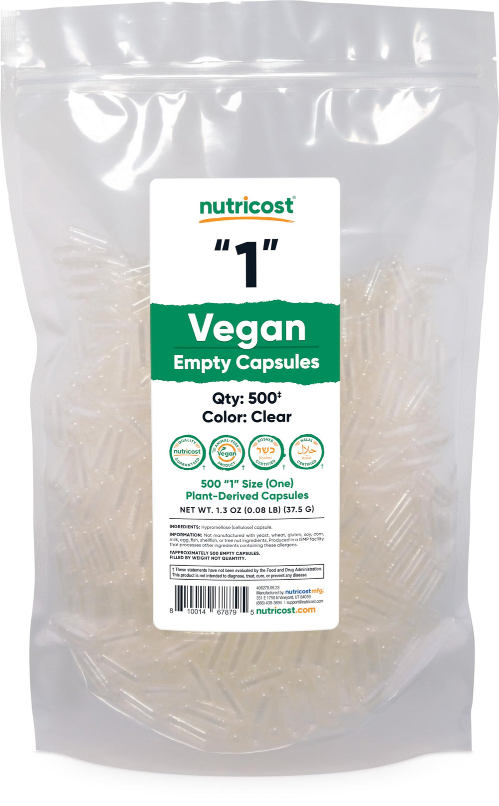 Nutricost vegan empty capsules size 1, 500-count, clear plant-based capsules