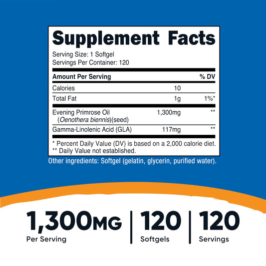Label of Nutricost Evening Primrose Oil 1300mg 120 Softgels
