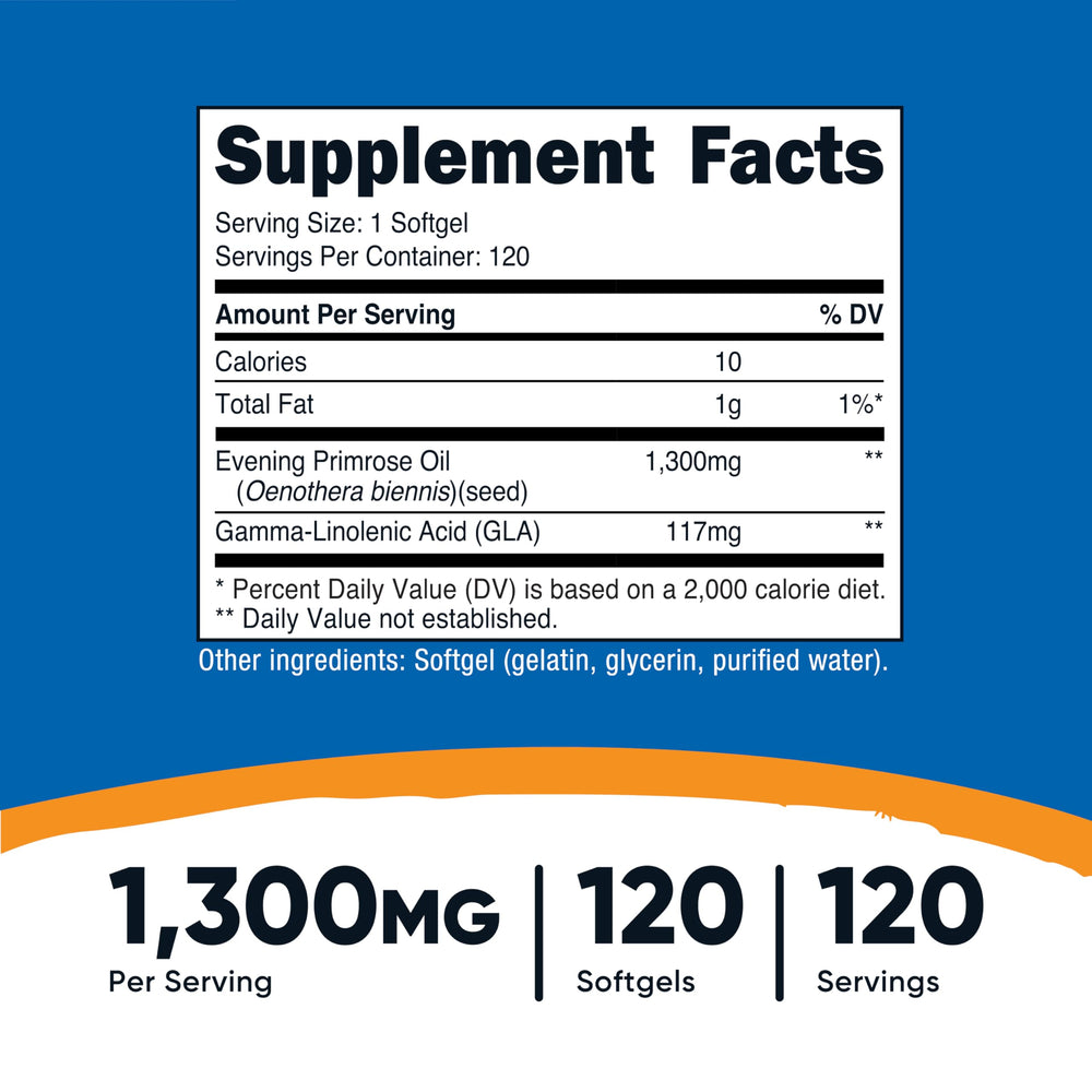 Back label showing supplement facts for Nutricost Evening Primrose Oil 1300mg 120-softgels