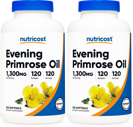 Front label of Nutricost Evening Primrose Oil 1300mg bottle (pack of 2)