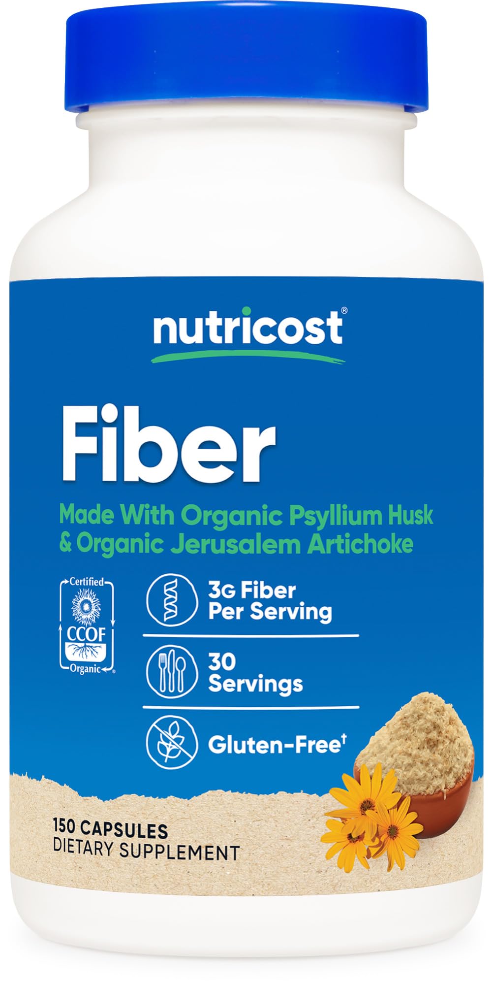 Nutricost Fiber Capsules bottle label highlighting organic psyllium husk and Jerusalem artichoke
