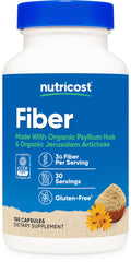 Nutricost Fiber Capsules bottle label highlighting organic psyllium husk and Jerusalem artichoke