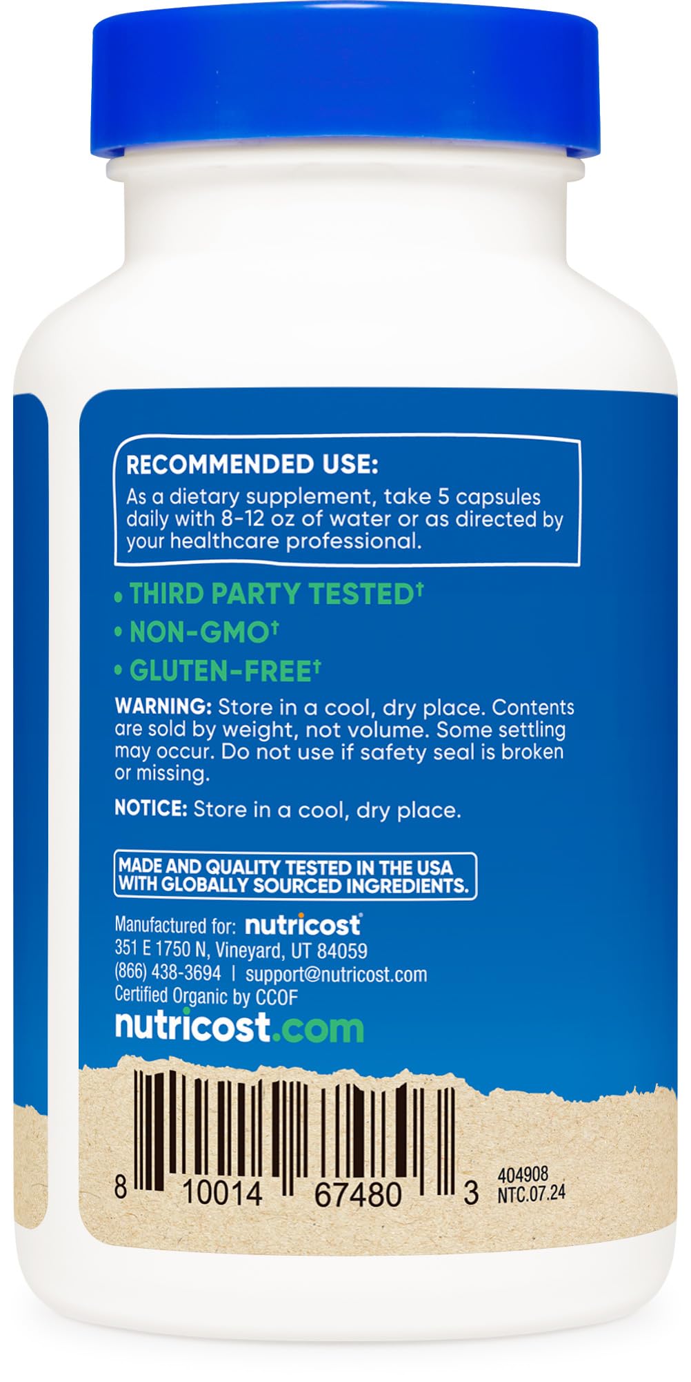 Nutrition label and organic certifications on Nutricost Fiber Capsules