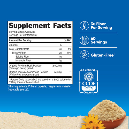 Close-up of ingredients: Organic Psyllium Husk and Organic Jerusalem Artichoke