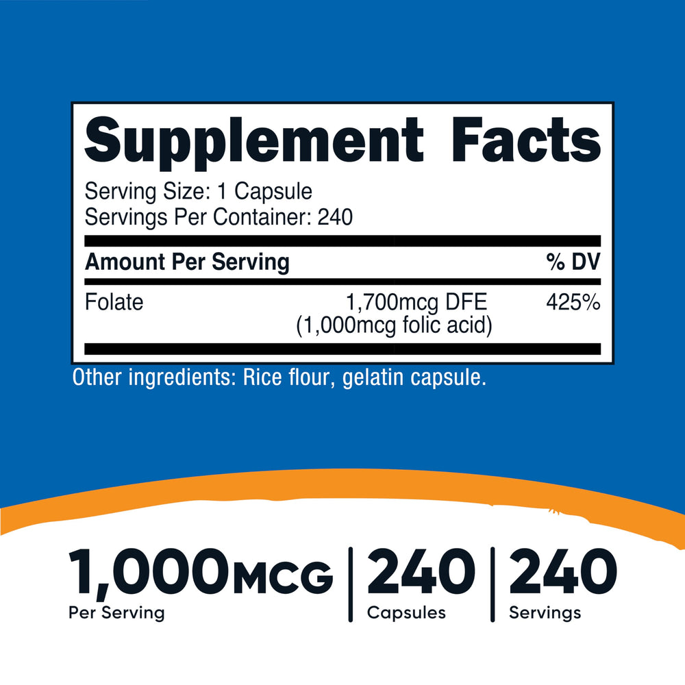 Close-up of 1000 mcg folic acid capsules
