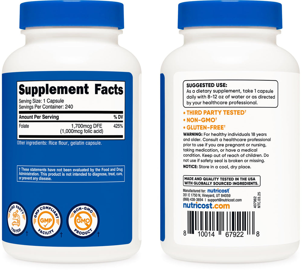 Supplement facts panel image for Nutricost Folic Acid 1000 mcg