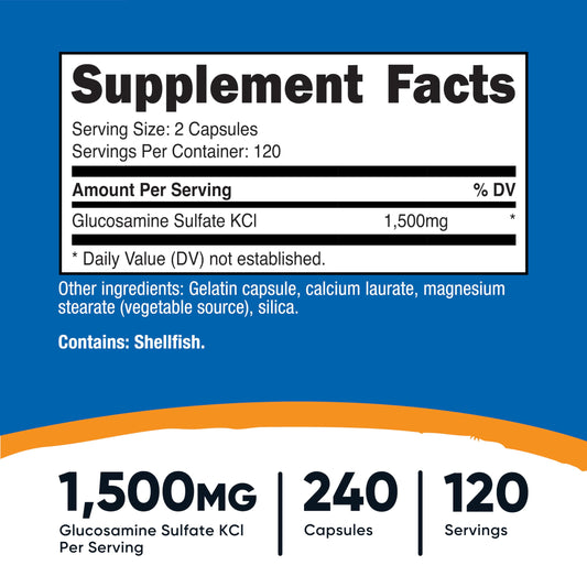 Back label of Nutricost Glucosamine Sulfate 1500mg bottle