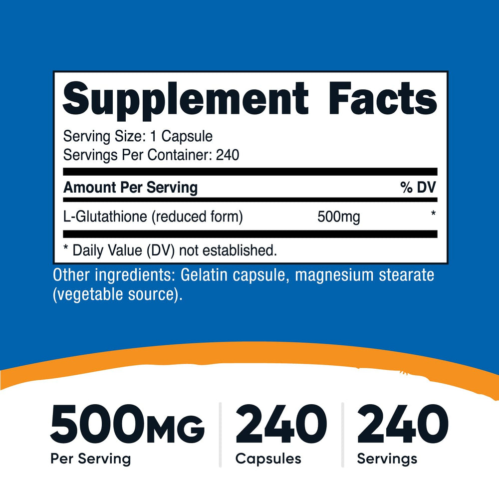 Nutricost Glutathione capsules closeup of easy-to-swallow capsules