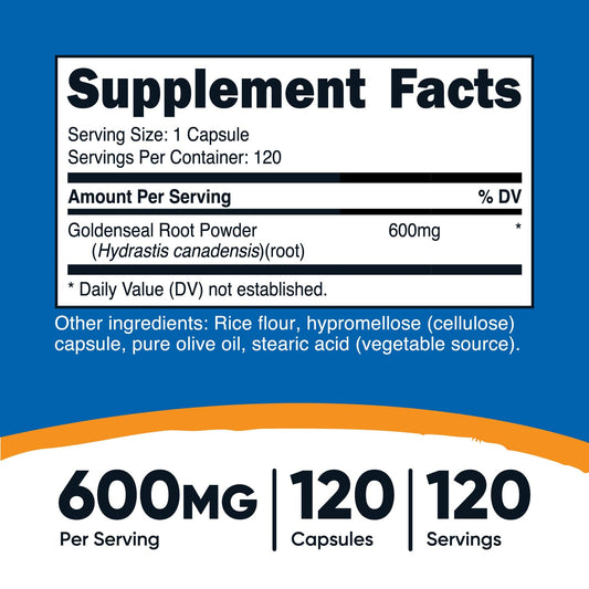 Close-up of Goldenseal Root Capsules, 600mg per serving