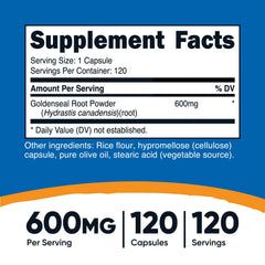 Close-up of Goldenseal Root Capsules, 600mg per serving