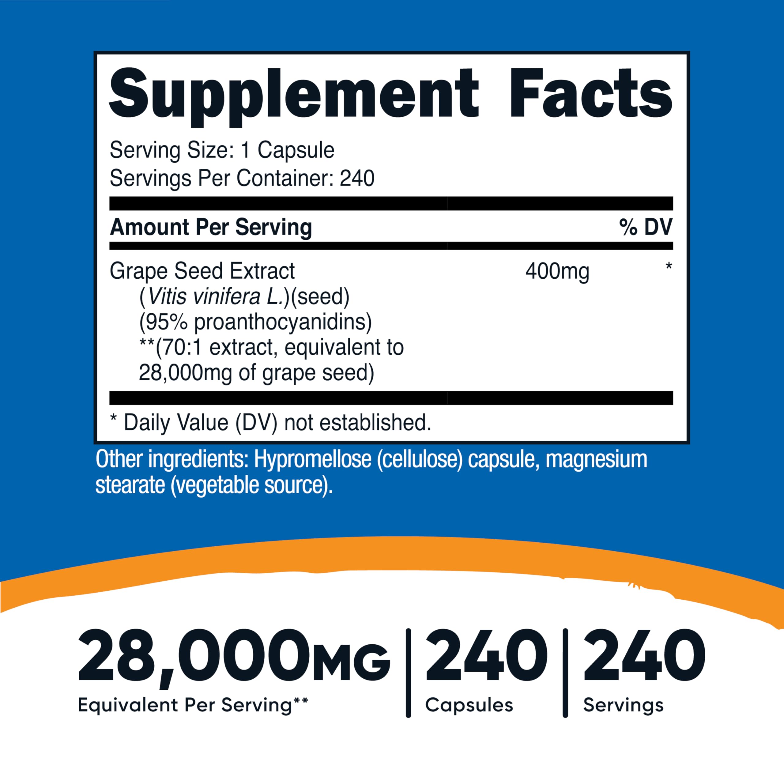 Label indicates 400 mg of 70:1 grape seed extract per serving