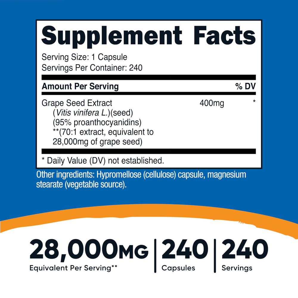 Label indicates 400 mg of 70:1 grape seed extract per serving